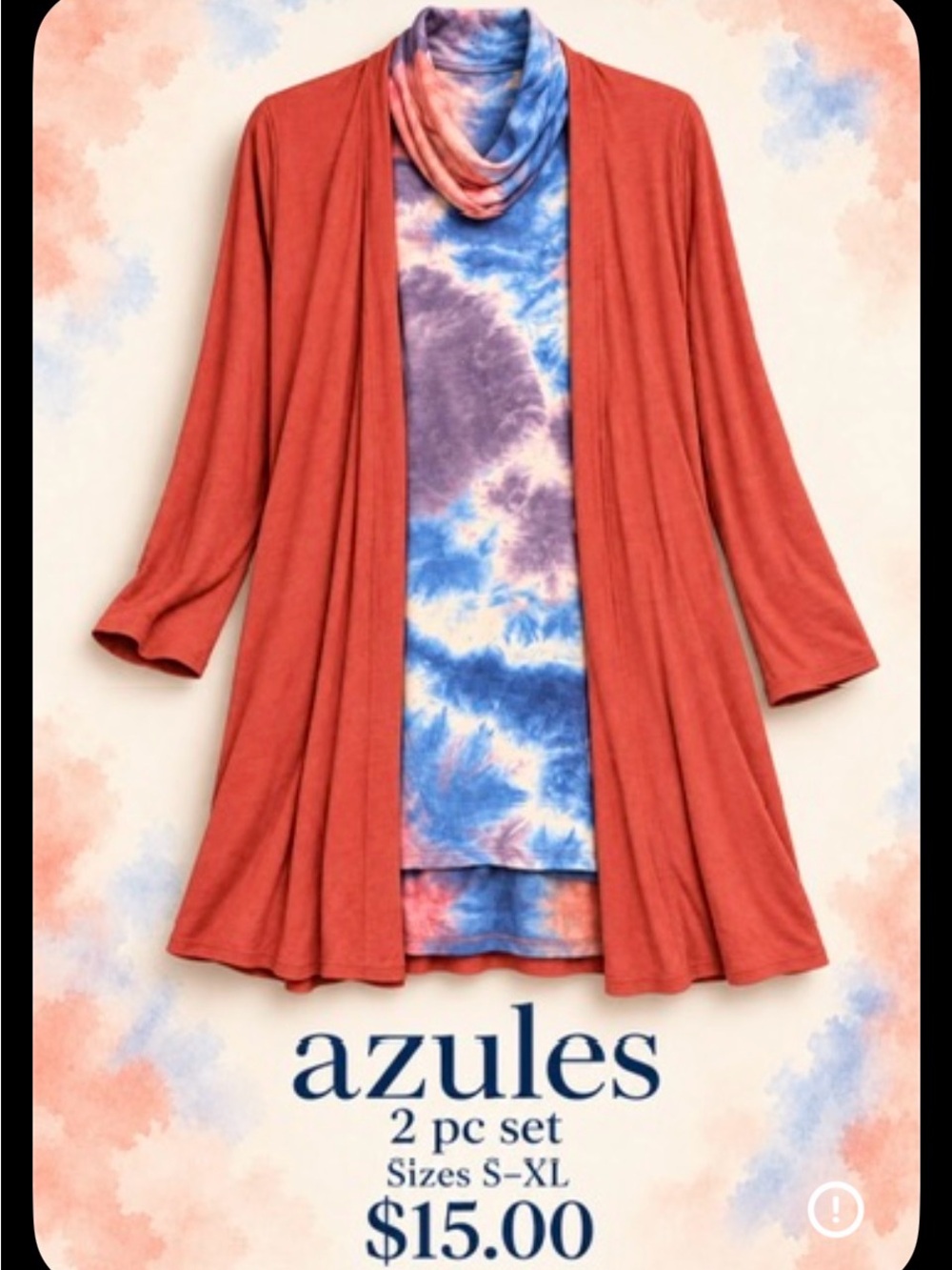 Azules Rust Open-Front Cardigan with Blue and Purple Tie-Dye Cowl Top